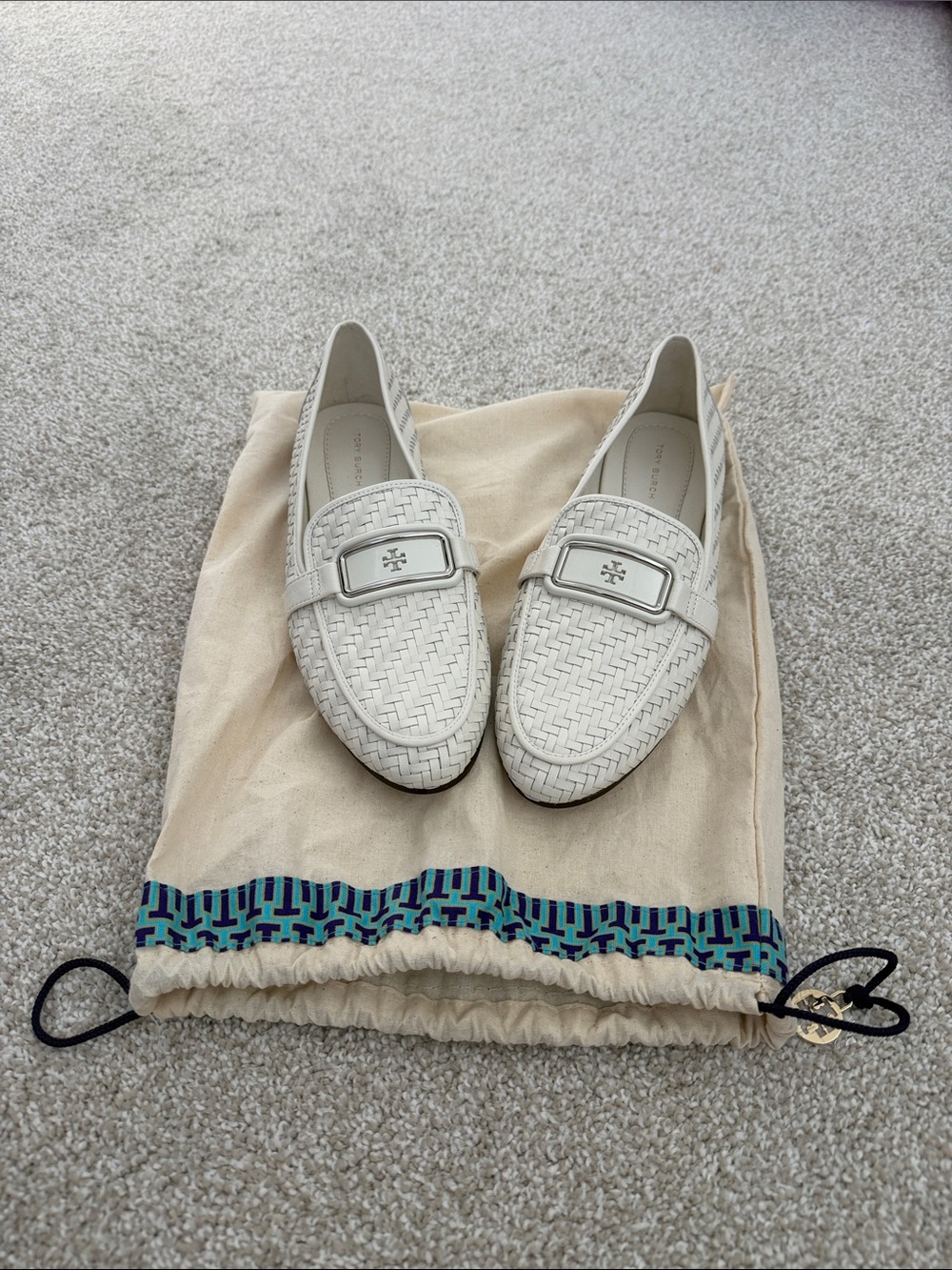 Tory Burch Cream Woven Leather Loafers with Logo Buckle
